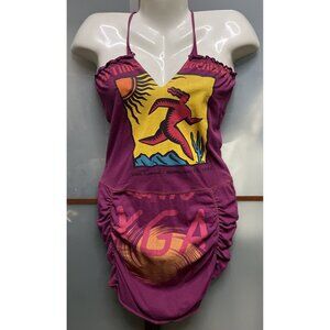 Super Lucky Cat Y2K Purple Abstract Recycled Ruched Halter Top Mini Dress Size M